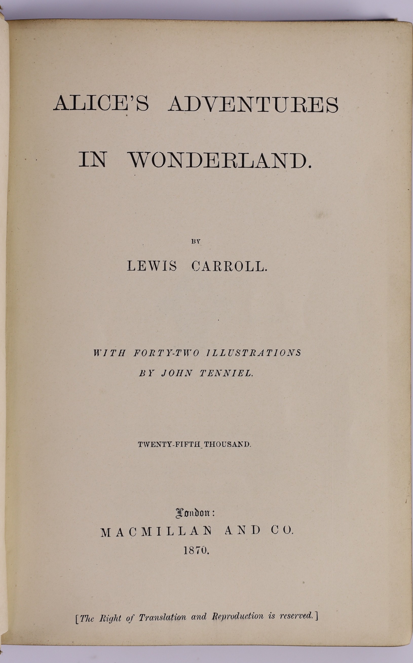 Dodgson, Charles Lutwidge - Alice’s Adventures in Wonderland, 25th thousand, illustrated by John Tenniel, advertisement leaf at end, 8vo, original cloth gilt, spine torn, Macmillan and Co., London, 1870